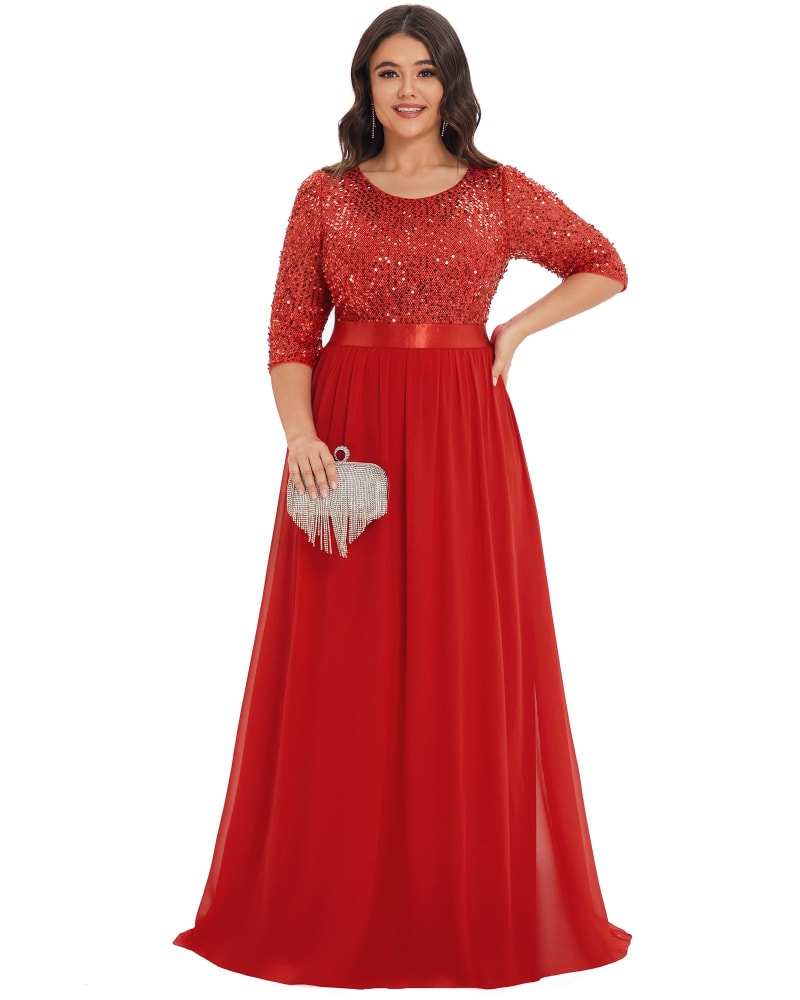 Front of a model wearing a size 24 3/4 Sleeves Round Neck Evening Dress With Sequin Bodice in Red by Ever-Pretty. | dia_product_style_image_id:287253